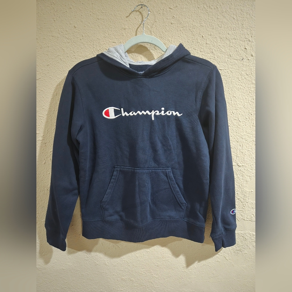 Boys Champion Navy Blue Hoodie Pullover Spell Out Script Youth Size Large